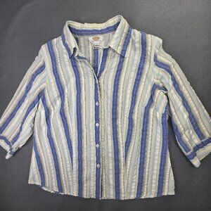 Talbots Shirt Womens Large Petite X Blue White Green Seersucker Striped Vintage